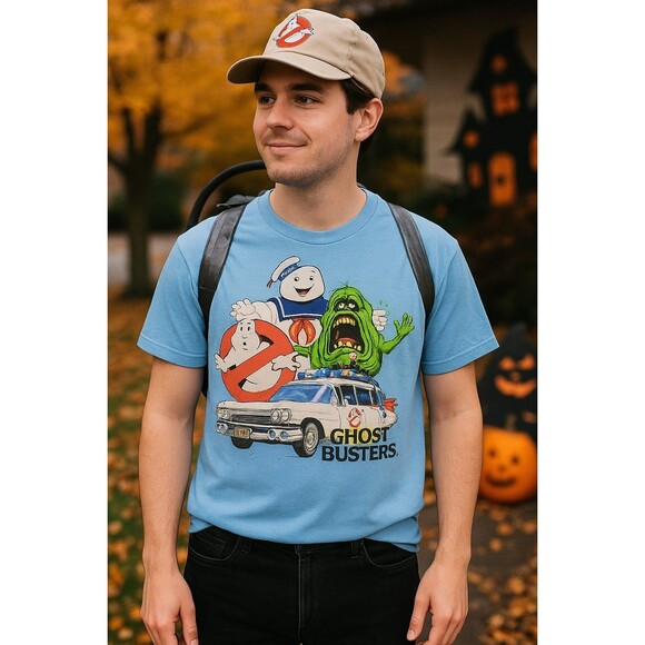 Ghostbusters Graphic T-Shirt Blue Stay Puft Slimer Ecto-1 Car 2022 Mad Engine... - Picture 1 of 8